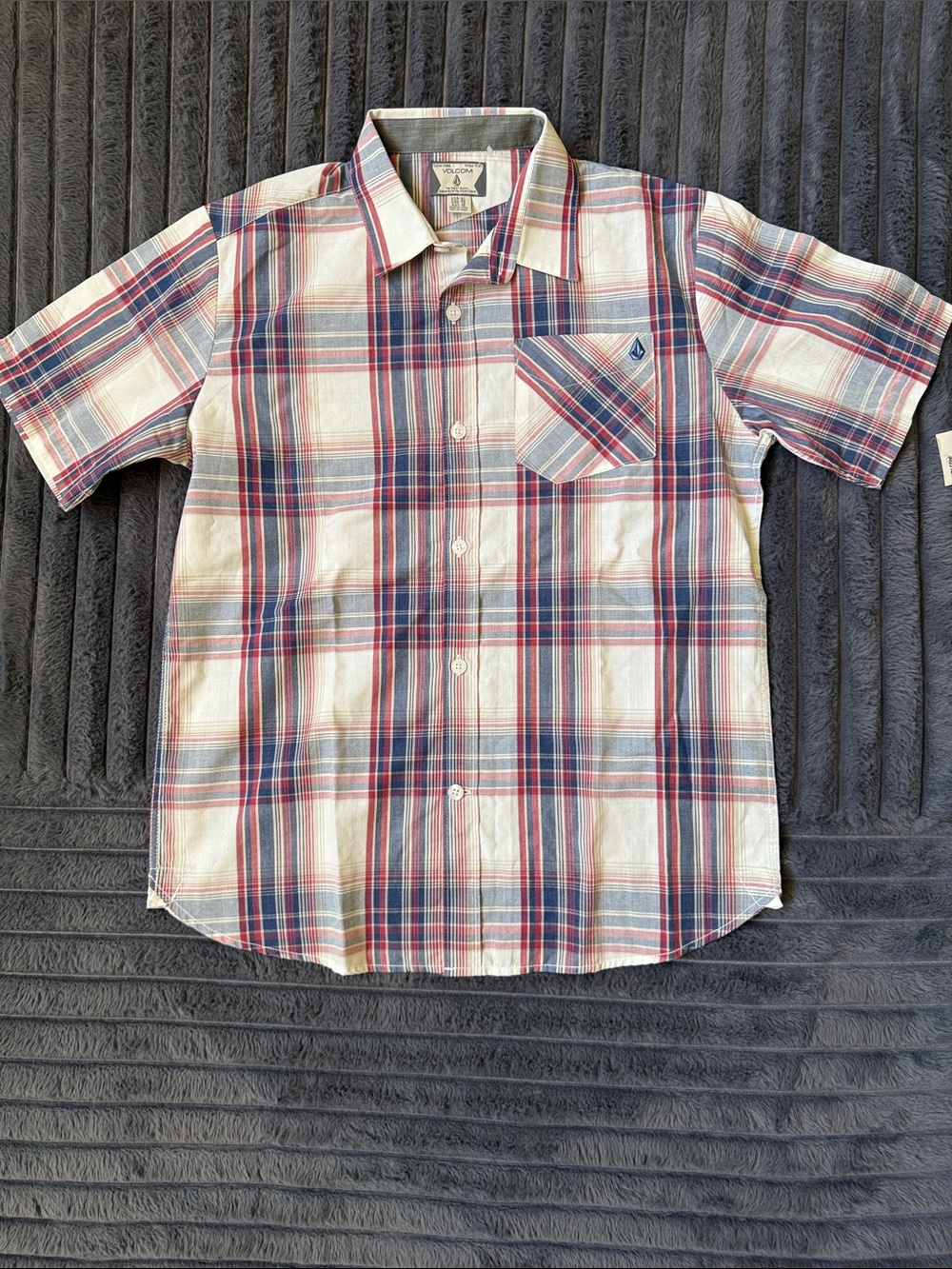 Volcom Short-Sleeve Plaid Button-Down Shirt - White, Red, Blue Boys XL